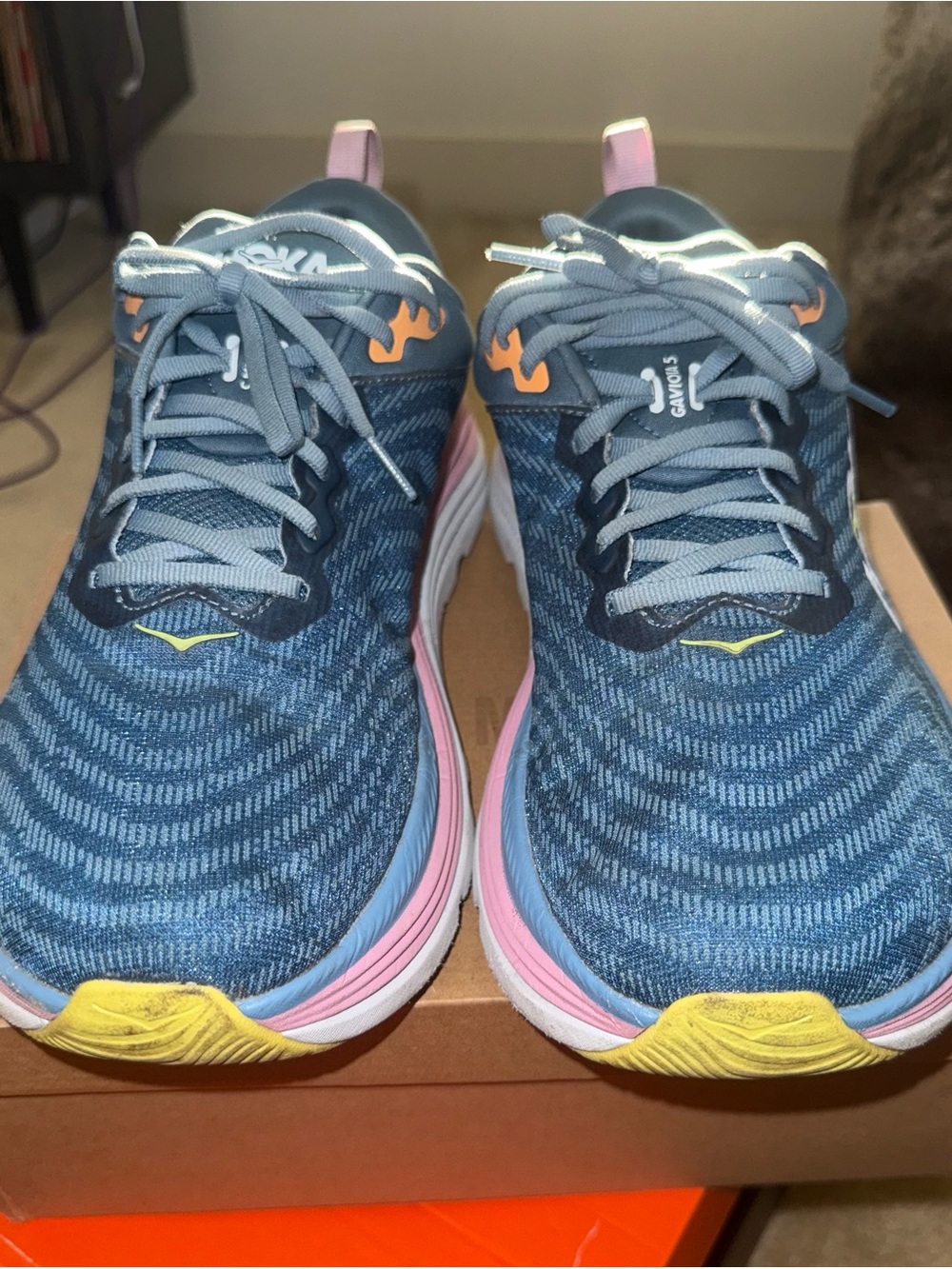 Hoka Gaviota 5 Women's Blue Running Shoes with Pink and Yellow Accents
